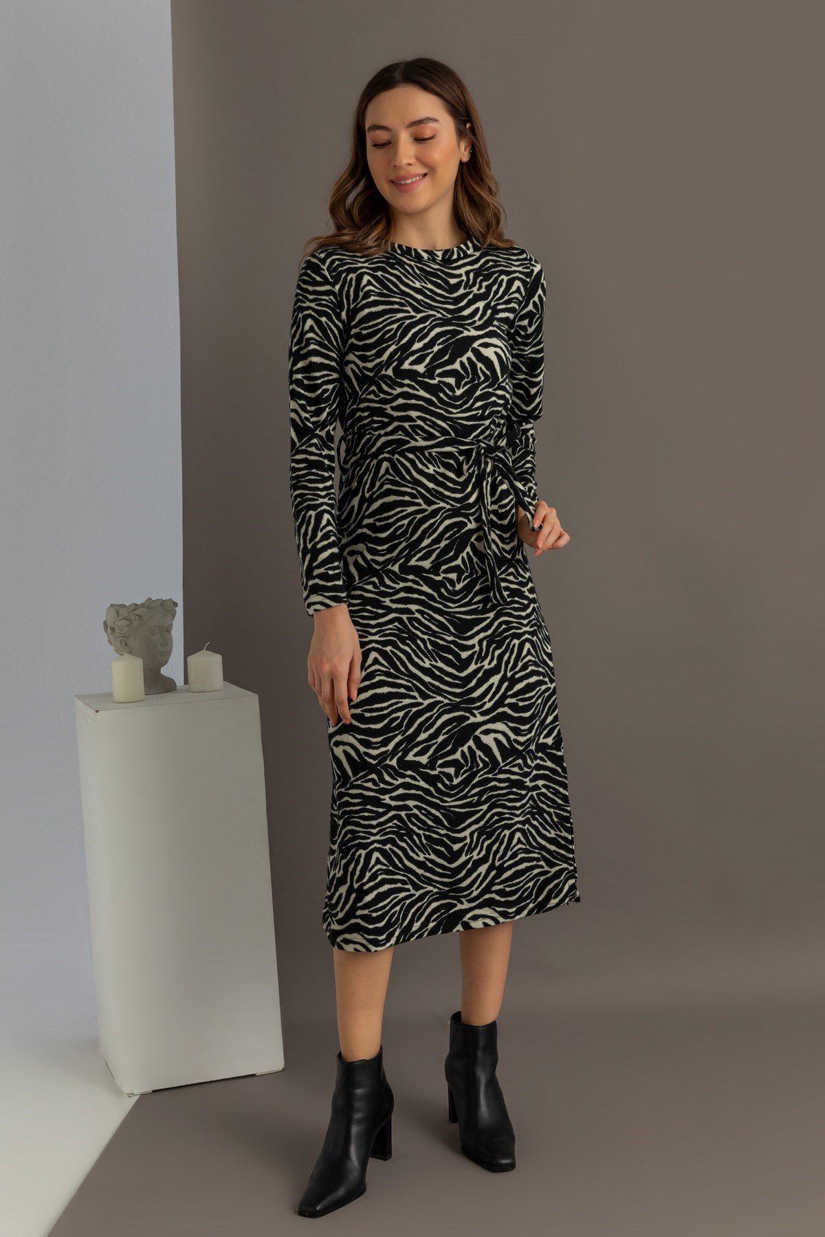 Zebra Desen Uzun Kollu Elbise - SİYAH