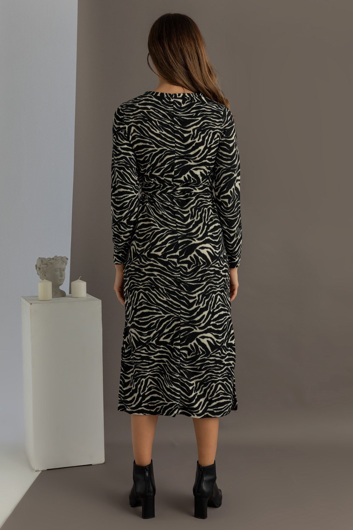 Zebra Desen Uzun Kollu Elbise - SİYAH