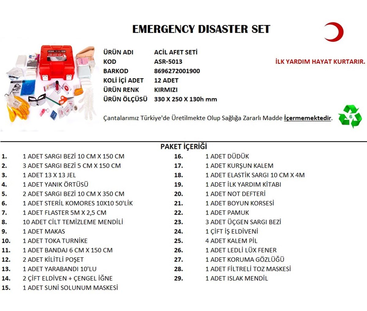 Super Bag Acil Afet Ve Deprem Seti Çantası Yönetmeliğe Uygun İçi Dolu 