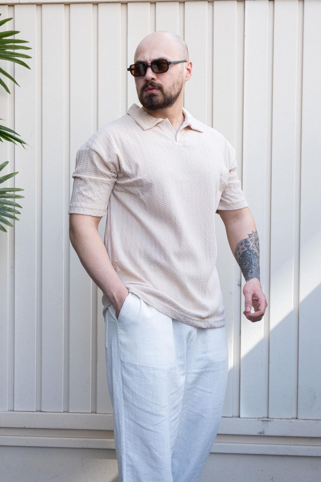 Kendinden Desenli Rahat Kalıp Polo Yaka T-Shirt (TSKR32)