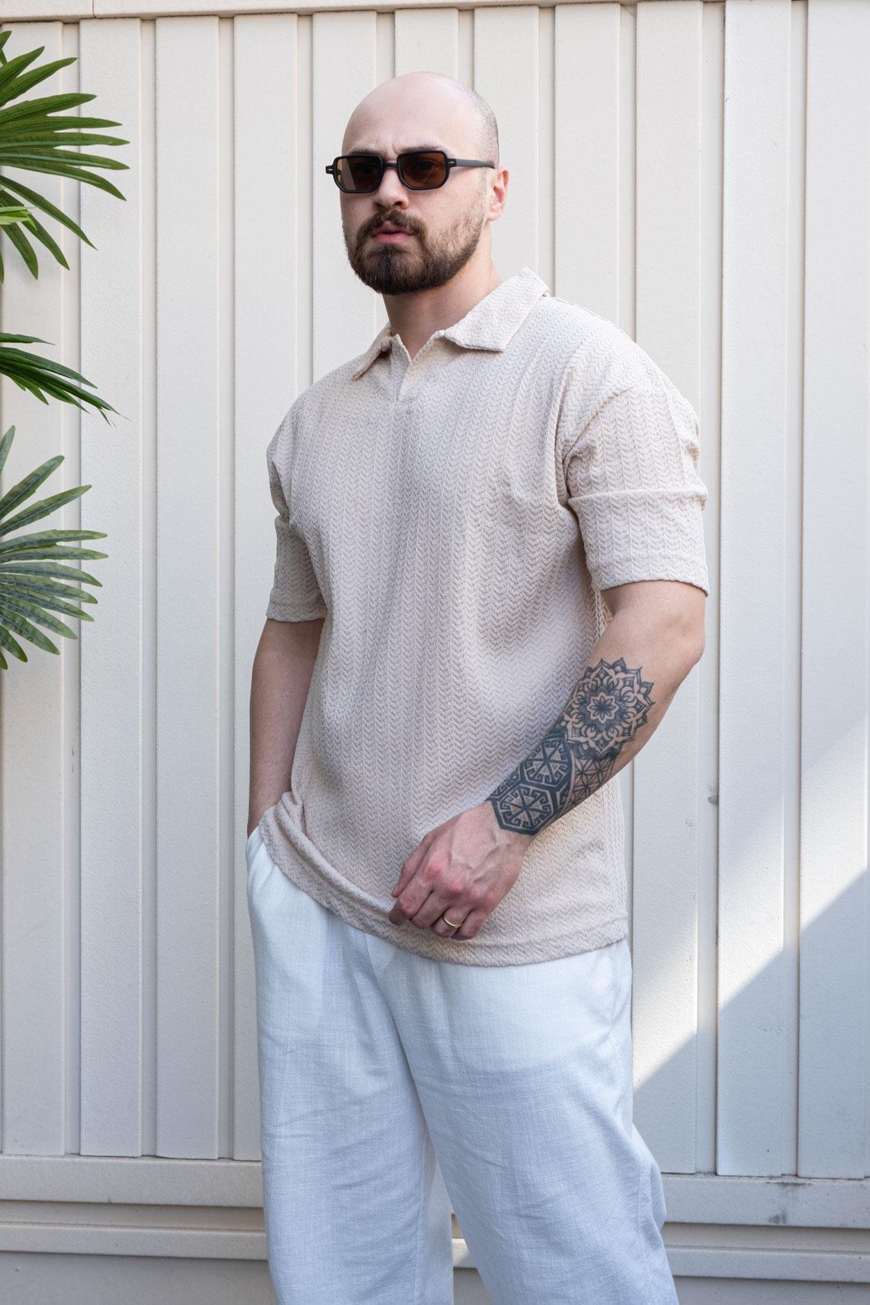 Kendinden Desenli Rahat Kalıp Polo Yaka T-Shirt (TSKR32)