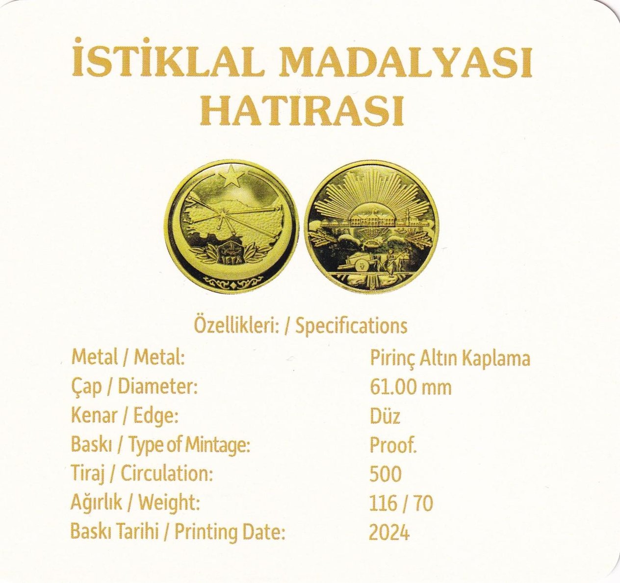 Madalya ve Madalyonlarİstiklal Madalyası Hatırası, Altın Kaplama Pirinç, Hatıra Madalyon