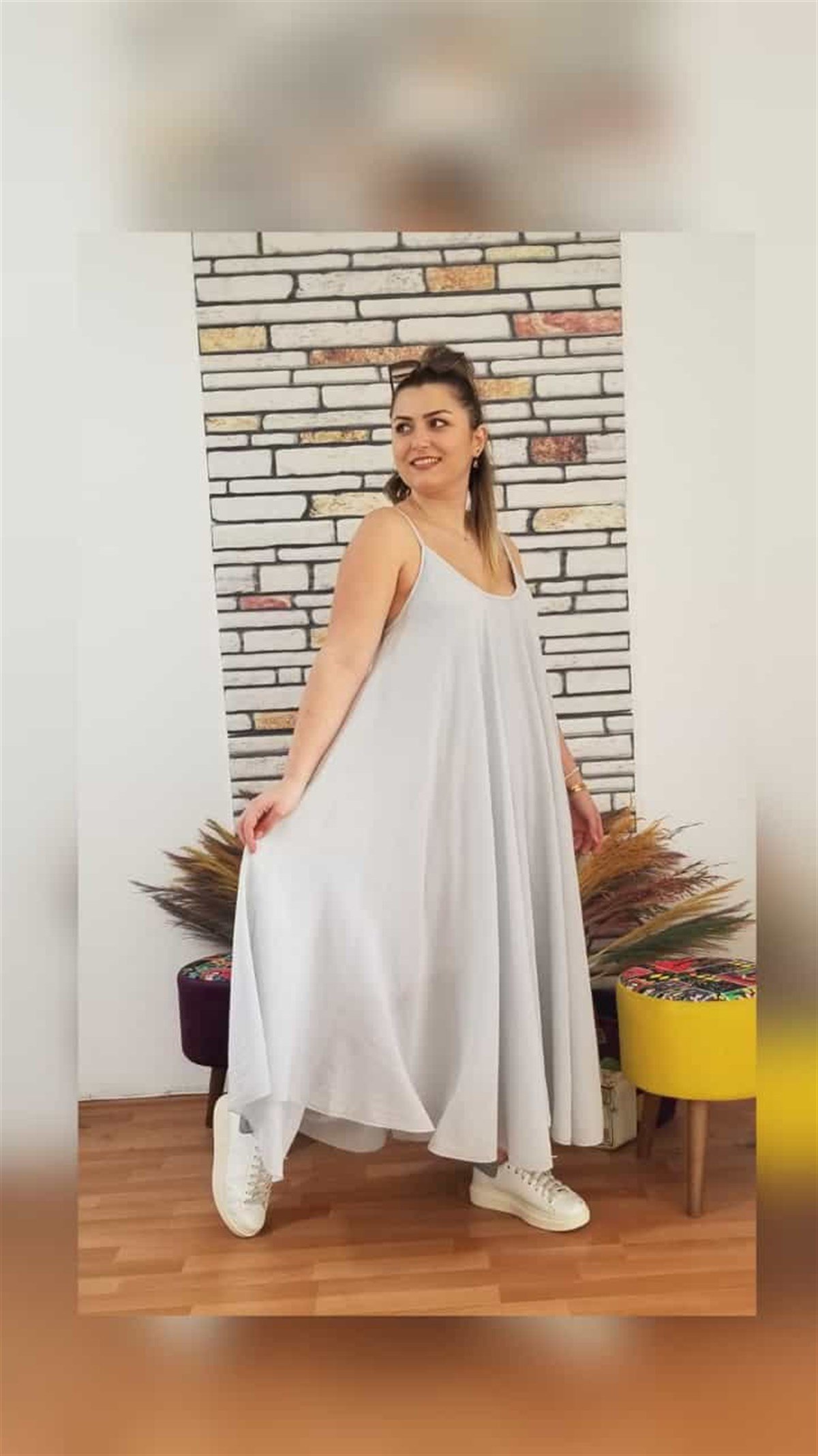 Açık Gri  Askılı İçi Astarlı Kloş Elbise
