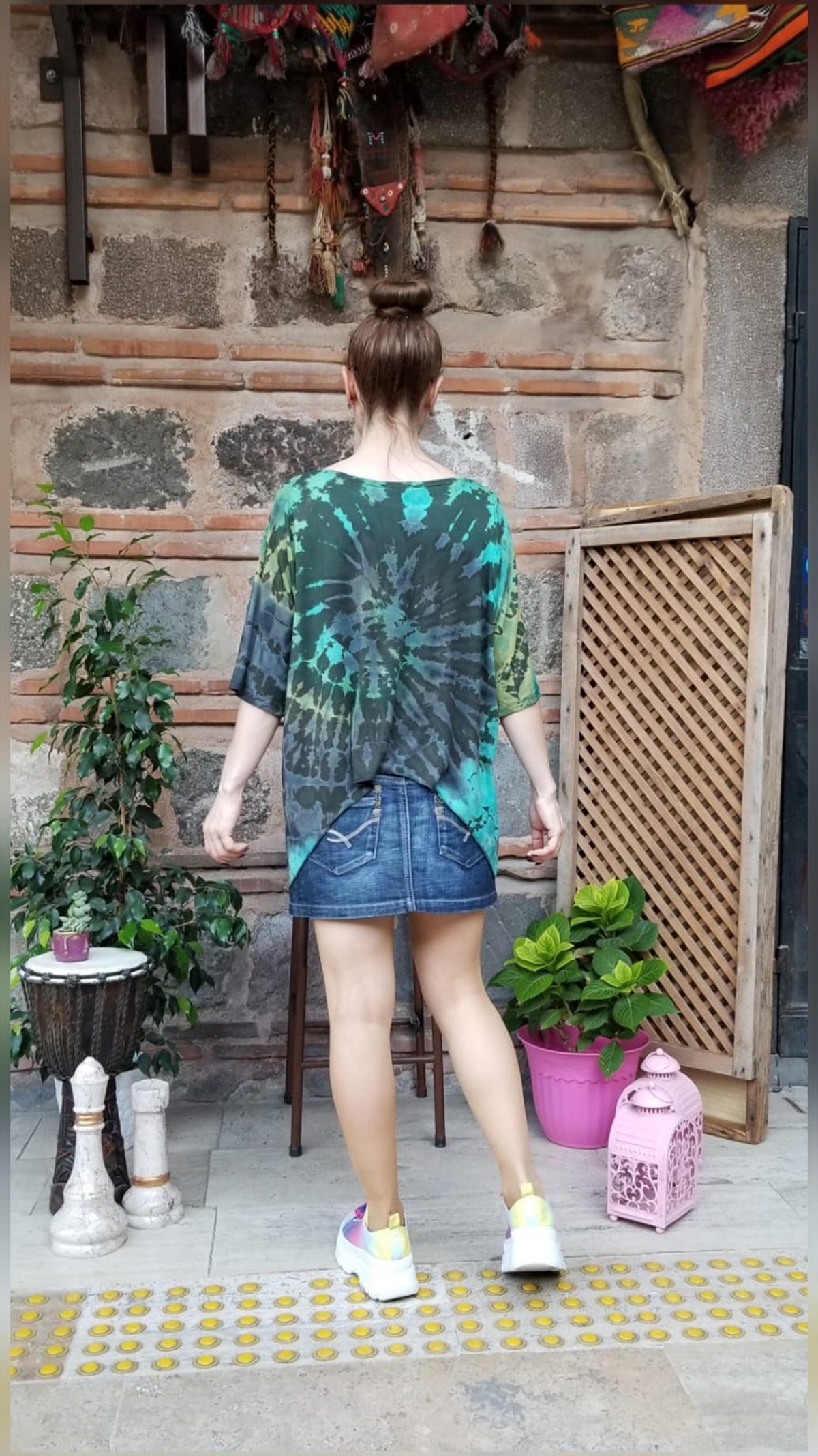Batikli Asimetrik Penye Kumaş Bluz