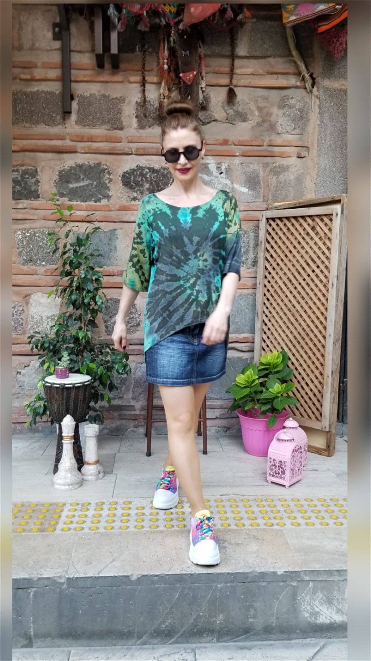 Batikli Asimetrik Penye Kumaş Bluz