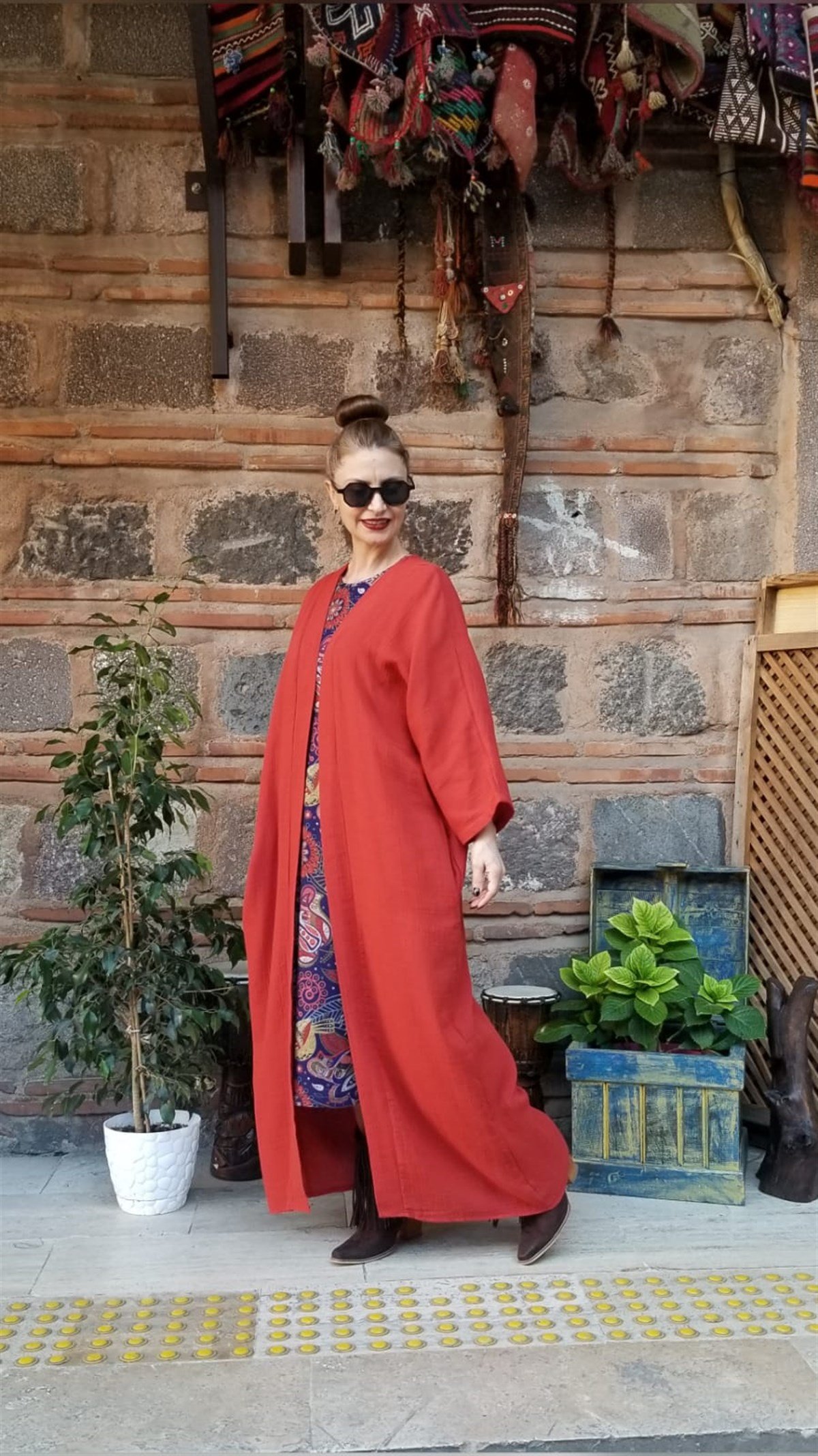 Kiremit Rengi Müslin Kumaş Kaftan
