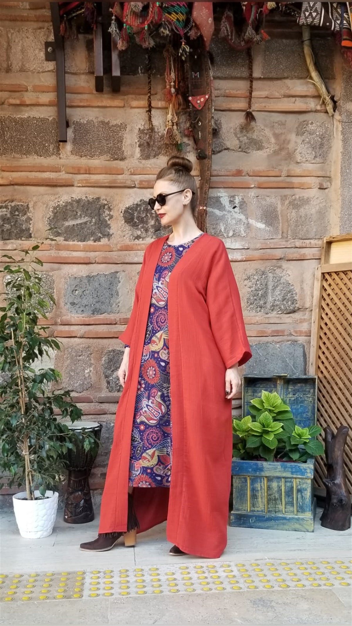 Kiremit Rengi Müslin Kumaş Kaftan