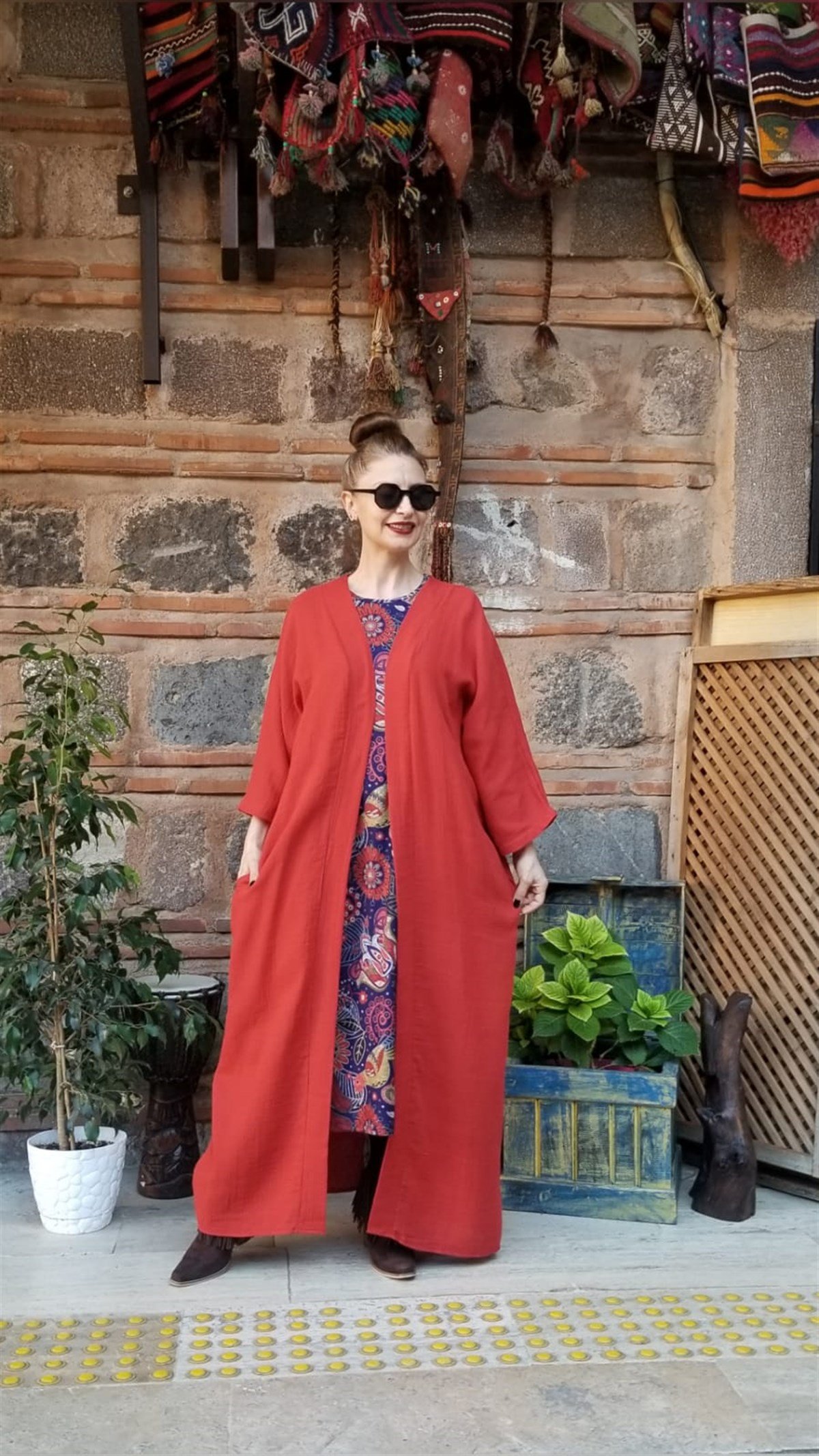 Kiremit Rengi Müslin Kumaş Kaftan