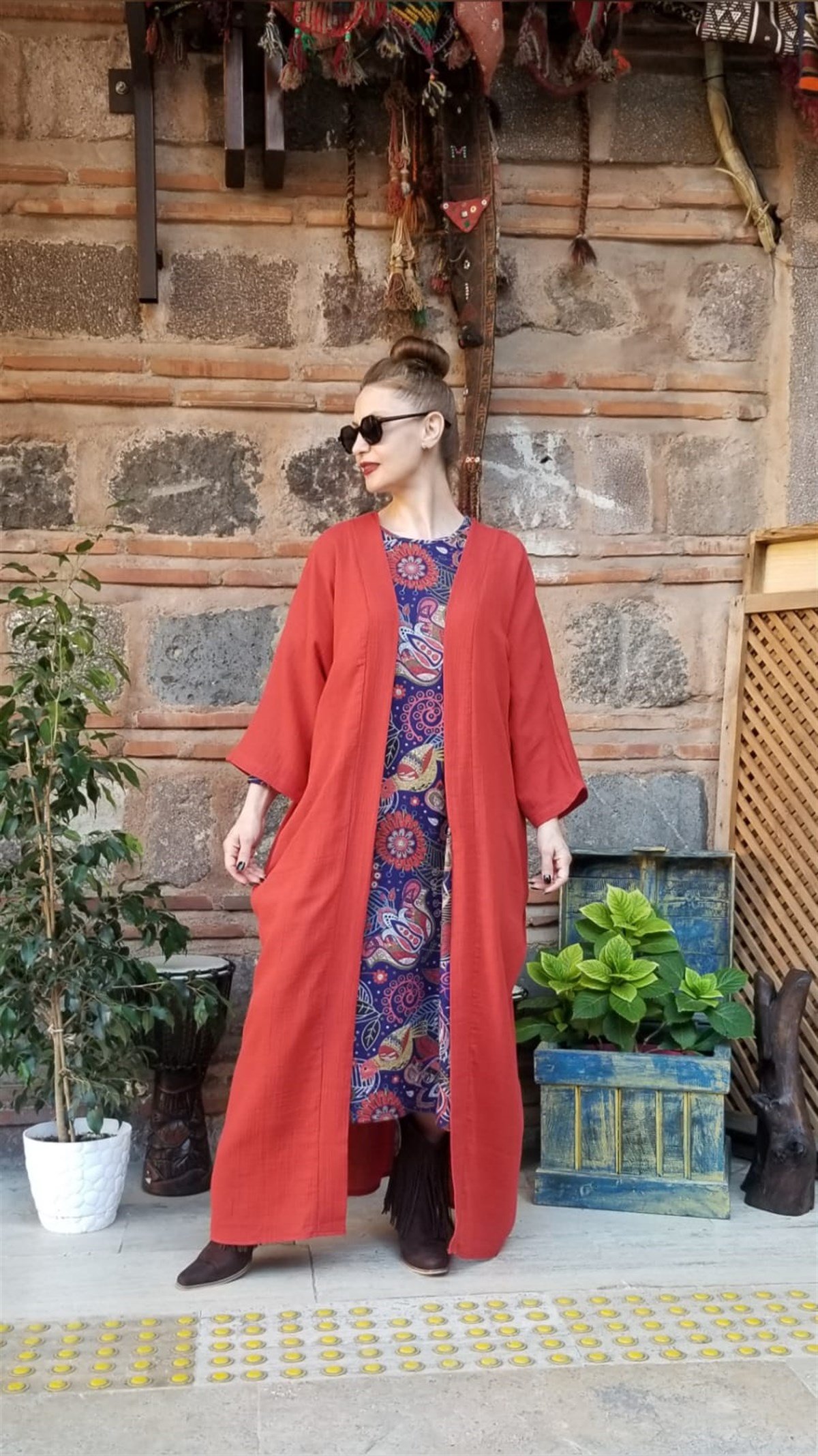 Kiremit Rengi Müslin Kumaş Kaftan