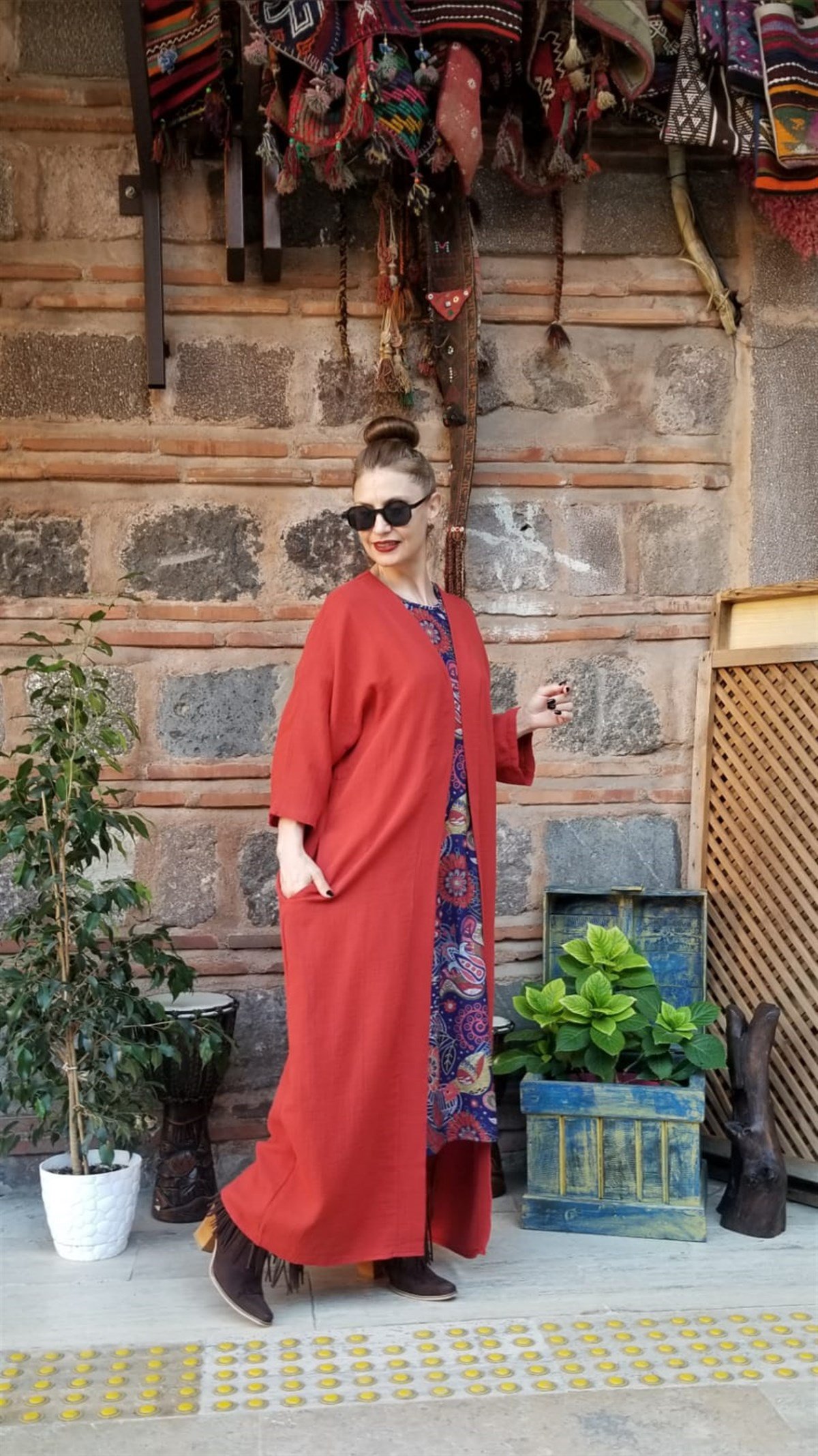 Kiremit Rengi Müslin Kumaş Kaftan