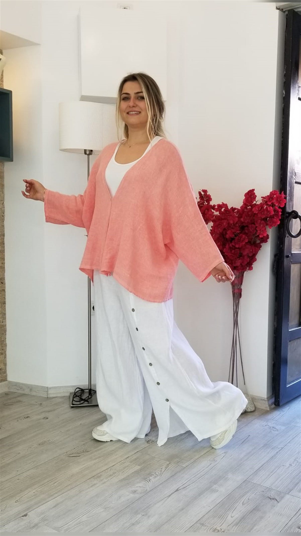 Mercan Renği İtalyan Keten Kumaş Tek Düğme Bluz