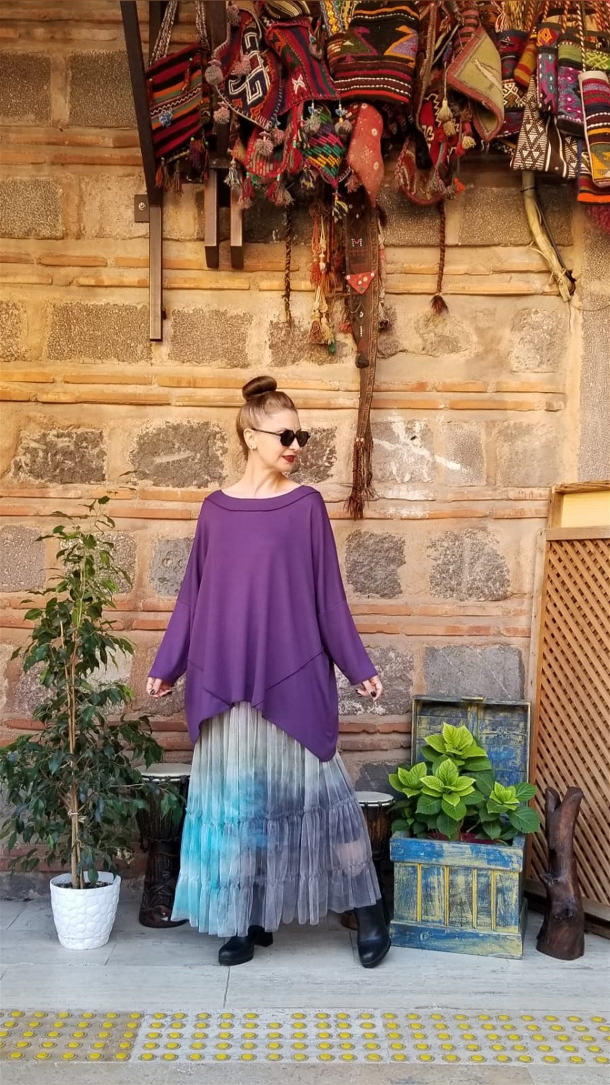 Mor Parçalı Bluz (Triko Kumaş)