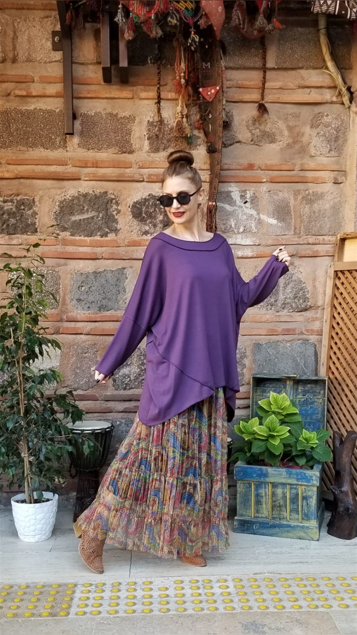 Mor Parçalı Bluz (Triko Kumaş)