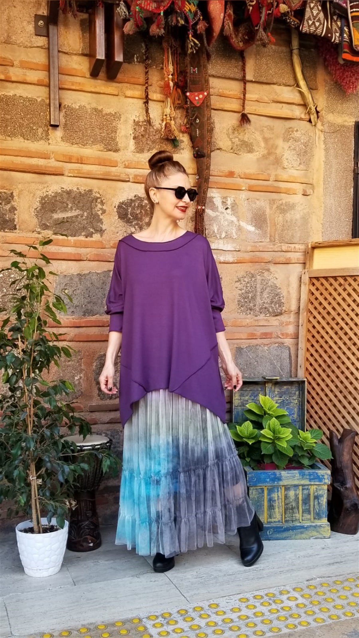 Mor Parçalı Bluz (Triko Kumaş)