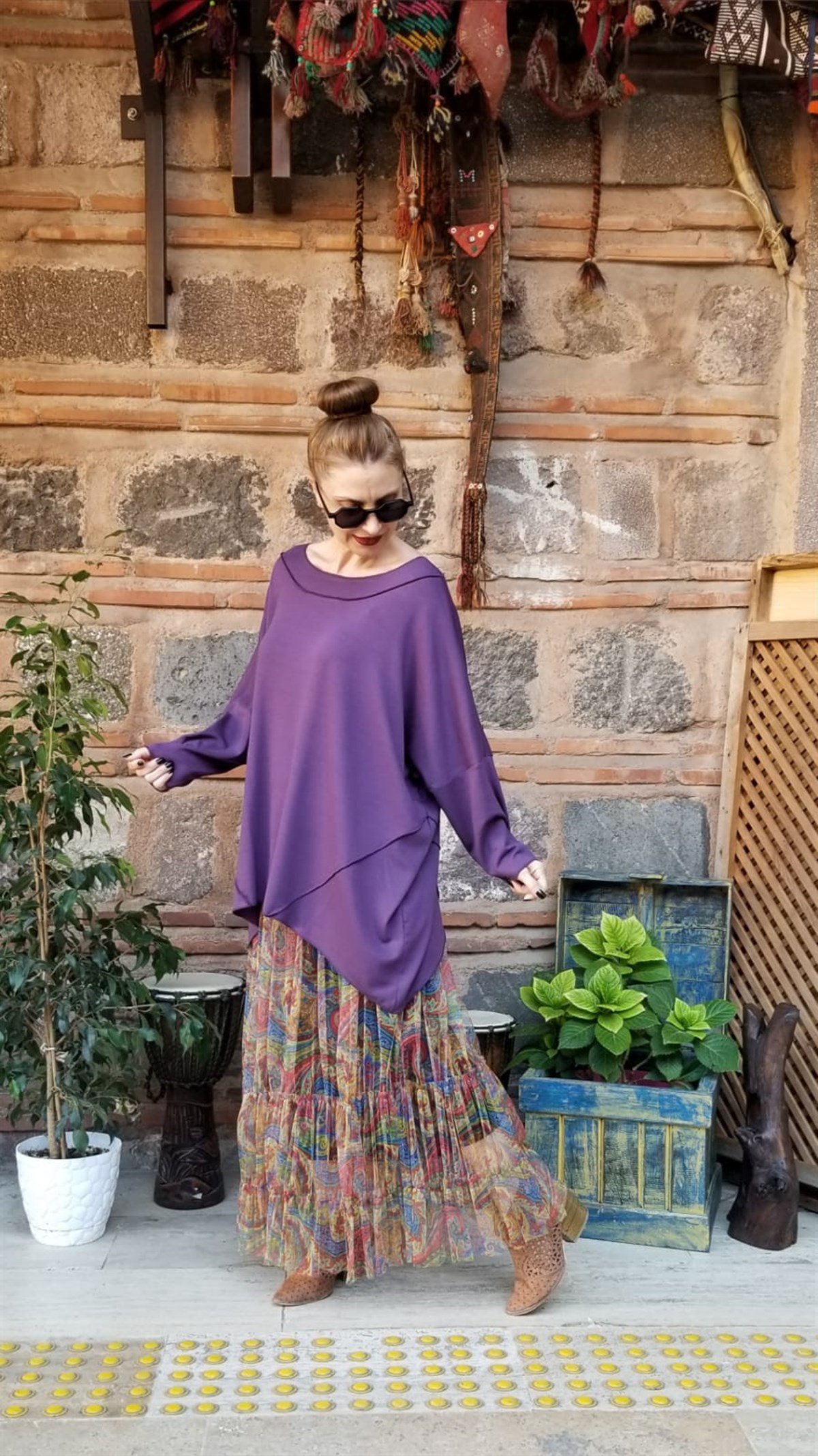 Mor Parçalı Bluz (Triko Kumaş)