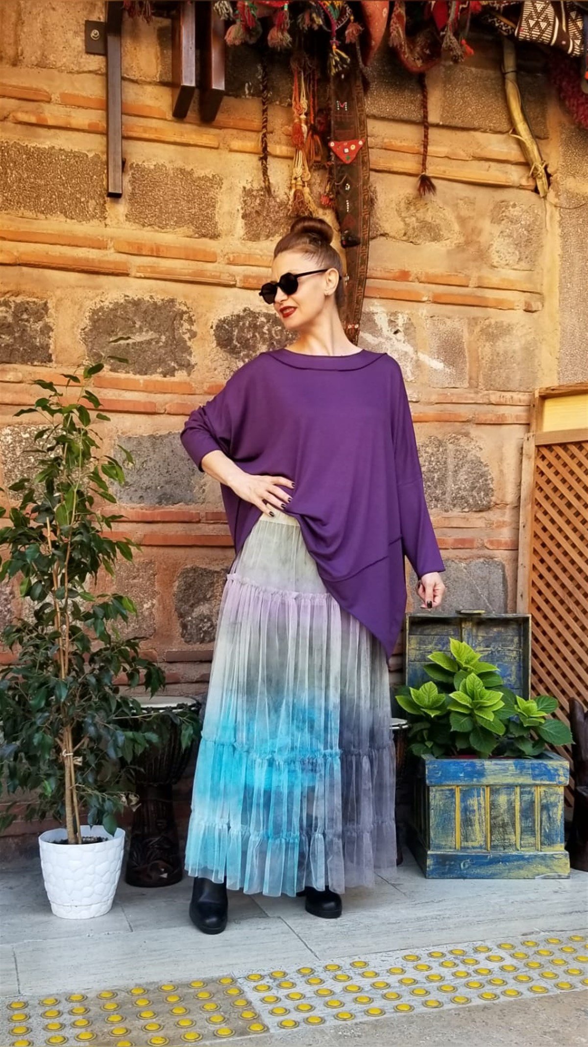 Mor Parçalı Bluz (Triko Kumaş)