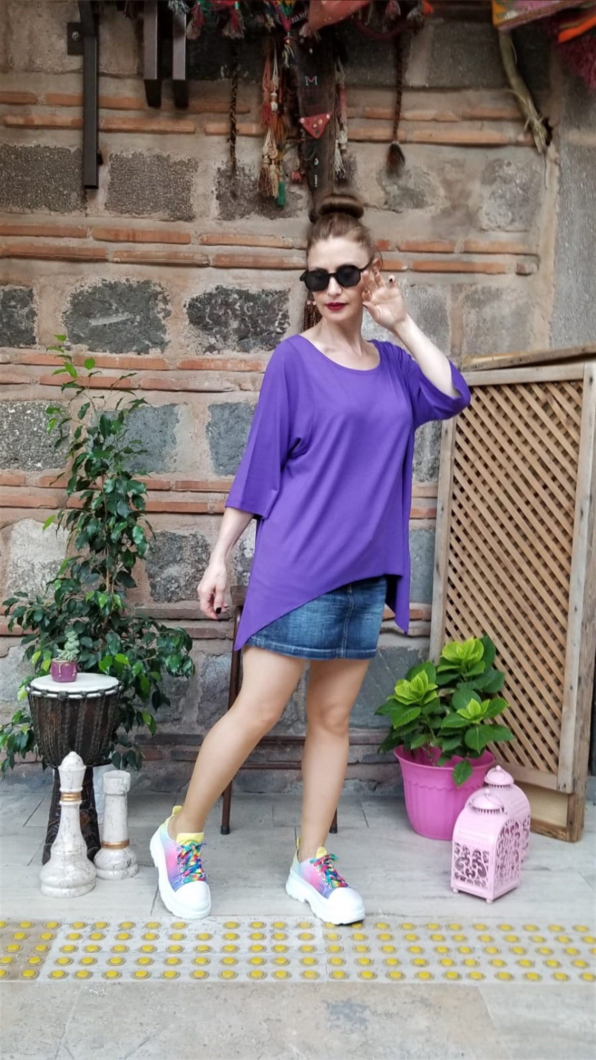 Mor Penye Kumaş Asimetrik Bluz