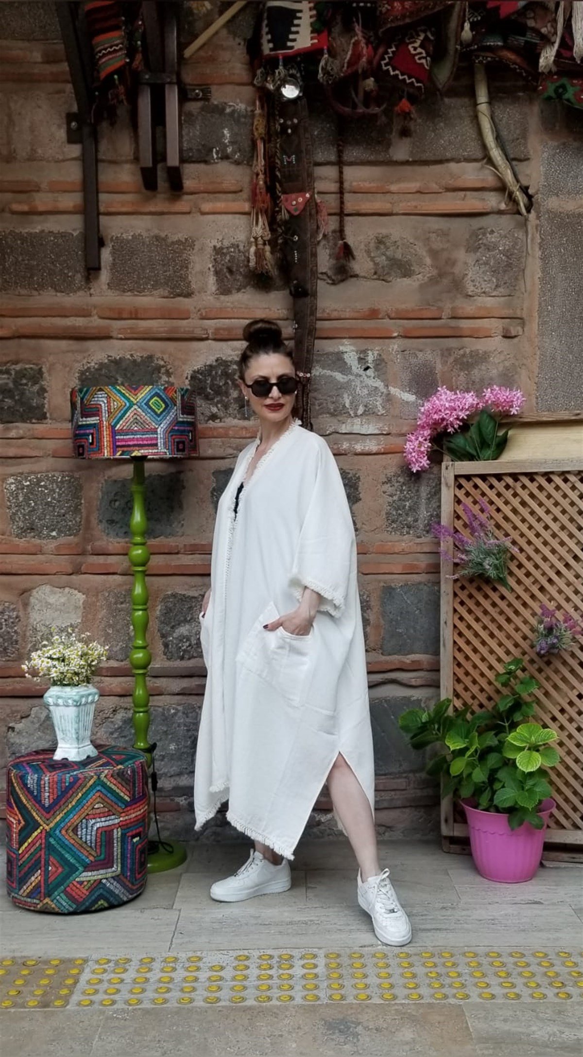 Müslin Kumaş Naturel Beyaz Cepli Kaftan