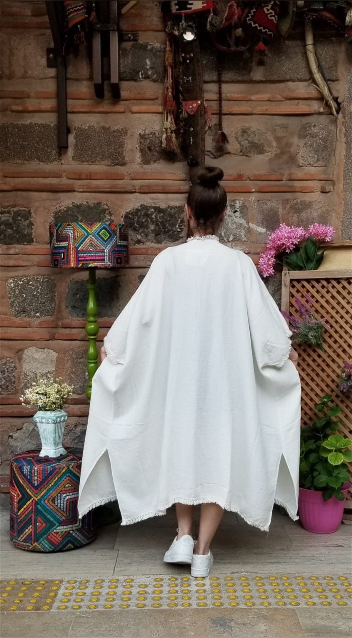 Müslin Kumaş Naturel Beyaz Cepli Kaftan