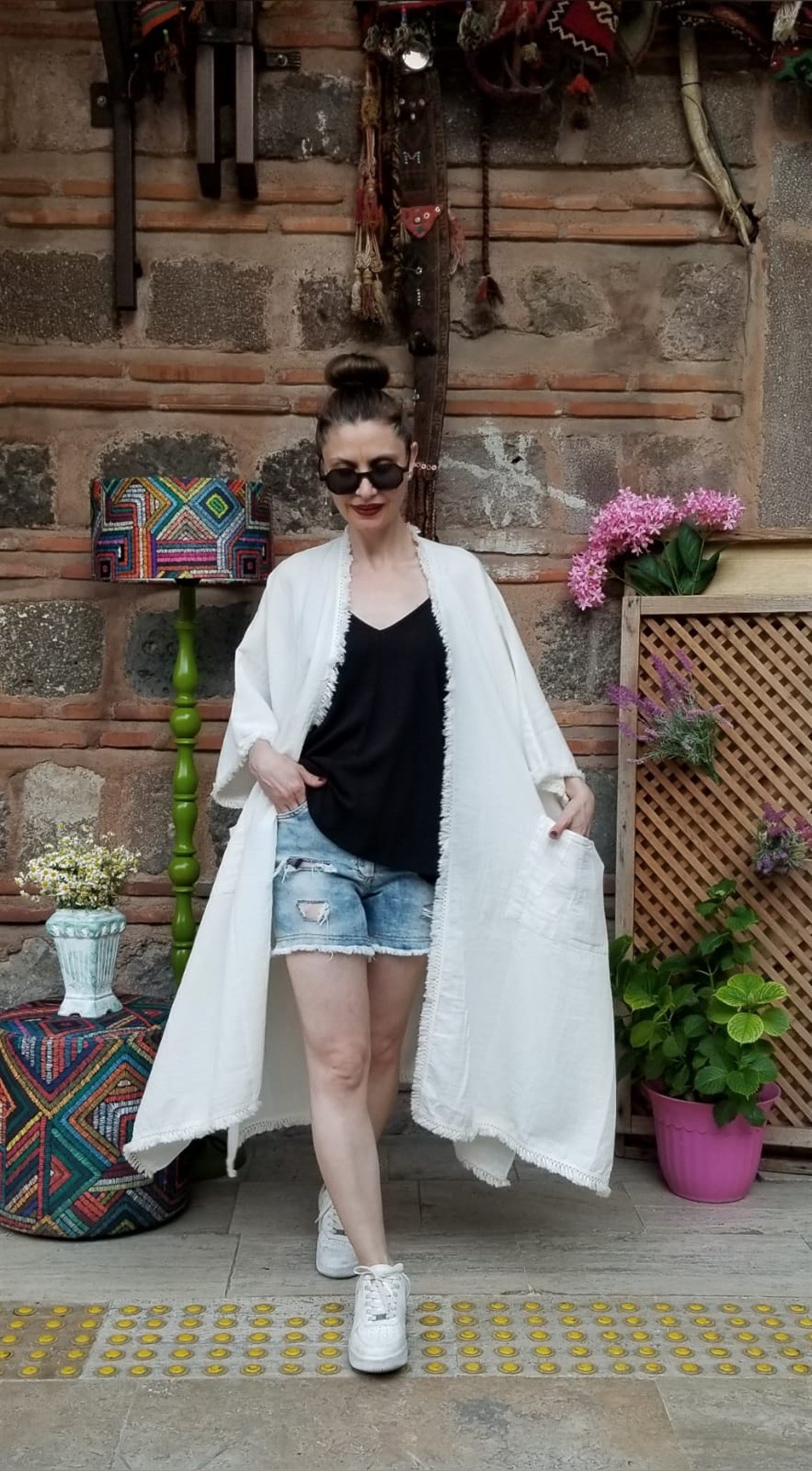 Müslin Kumaş Naturel Beyaz Cepli Kaftan