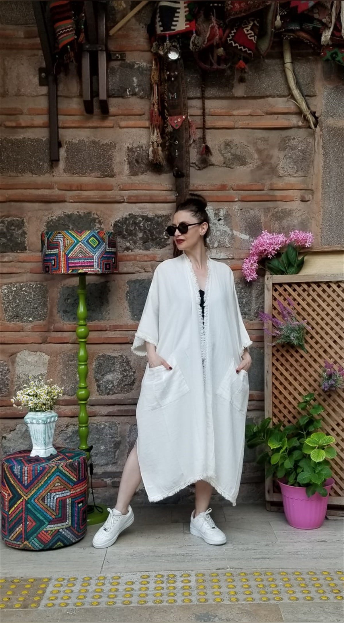 Müslin Kumaş Naturel Beyaz Cepli Kaftan