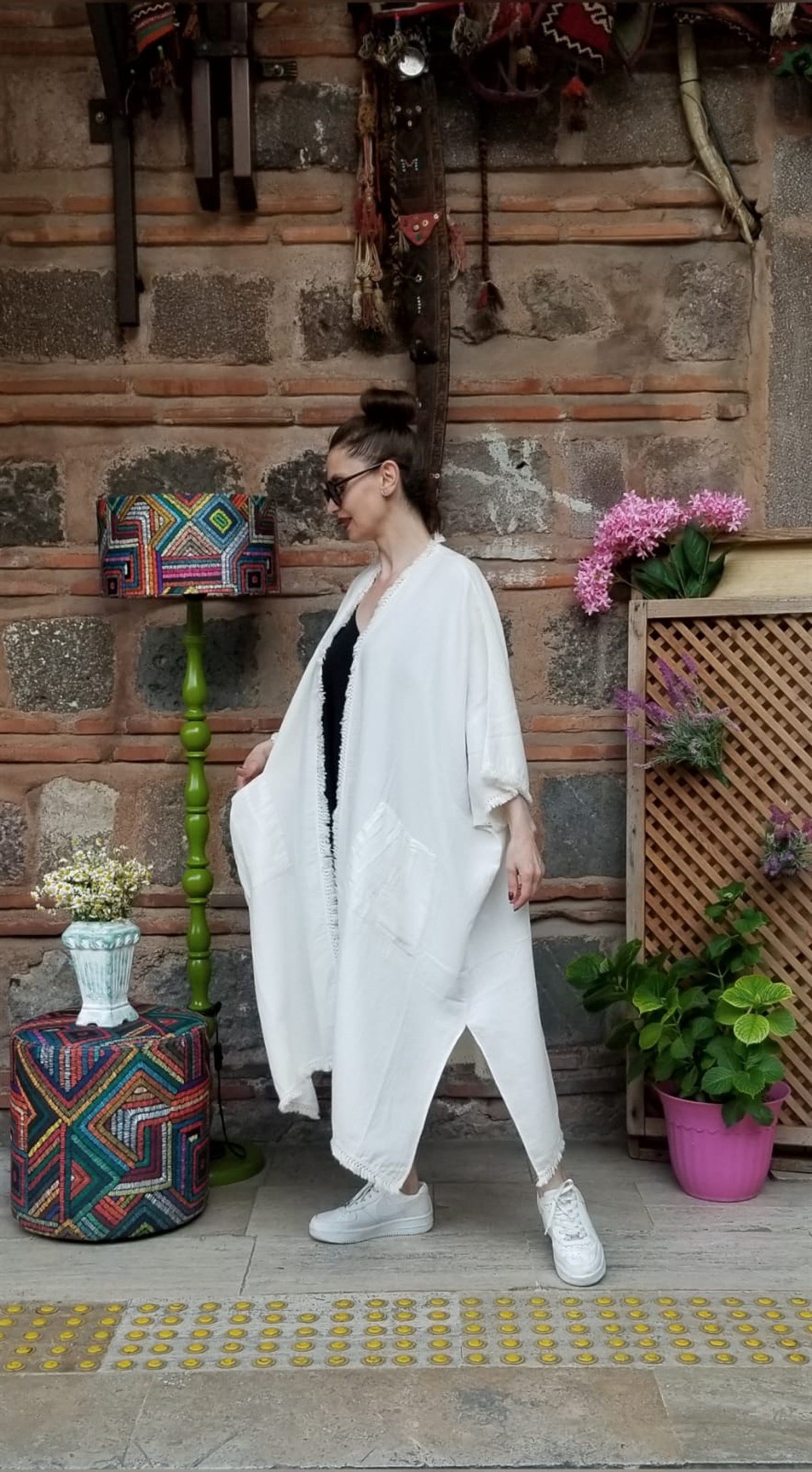 Müslin Kumaş Naturel Beyaz Cepli Kaftan