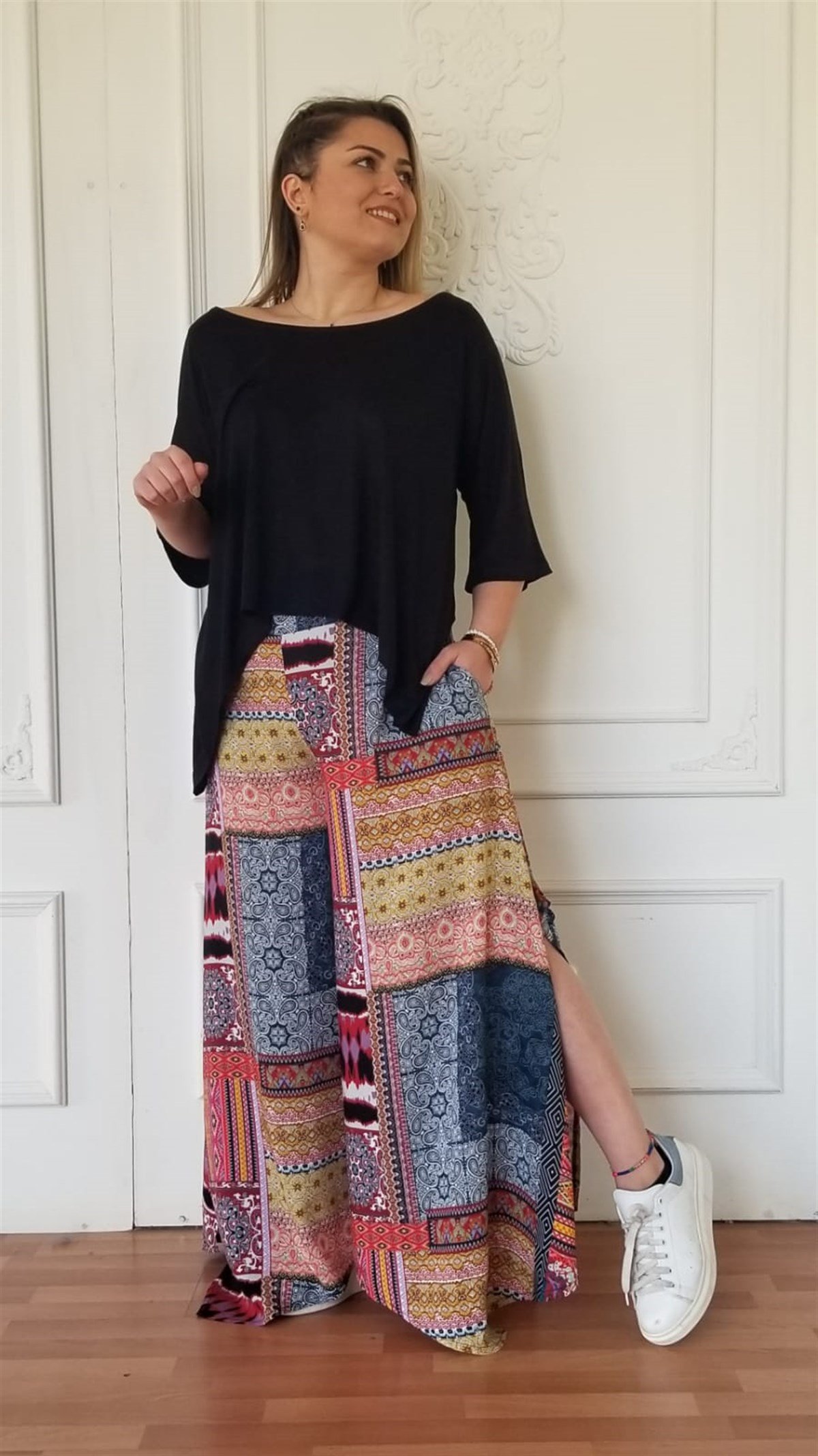 Patchwork Yanı Yırtmaçlı Pantolon