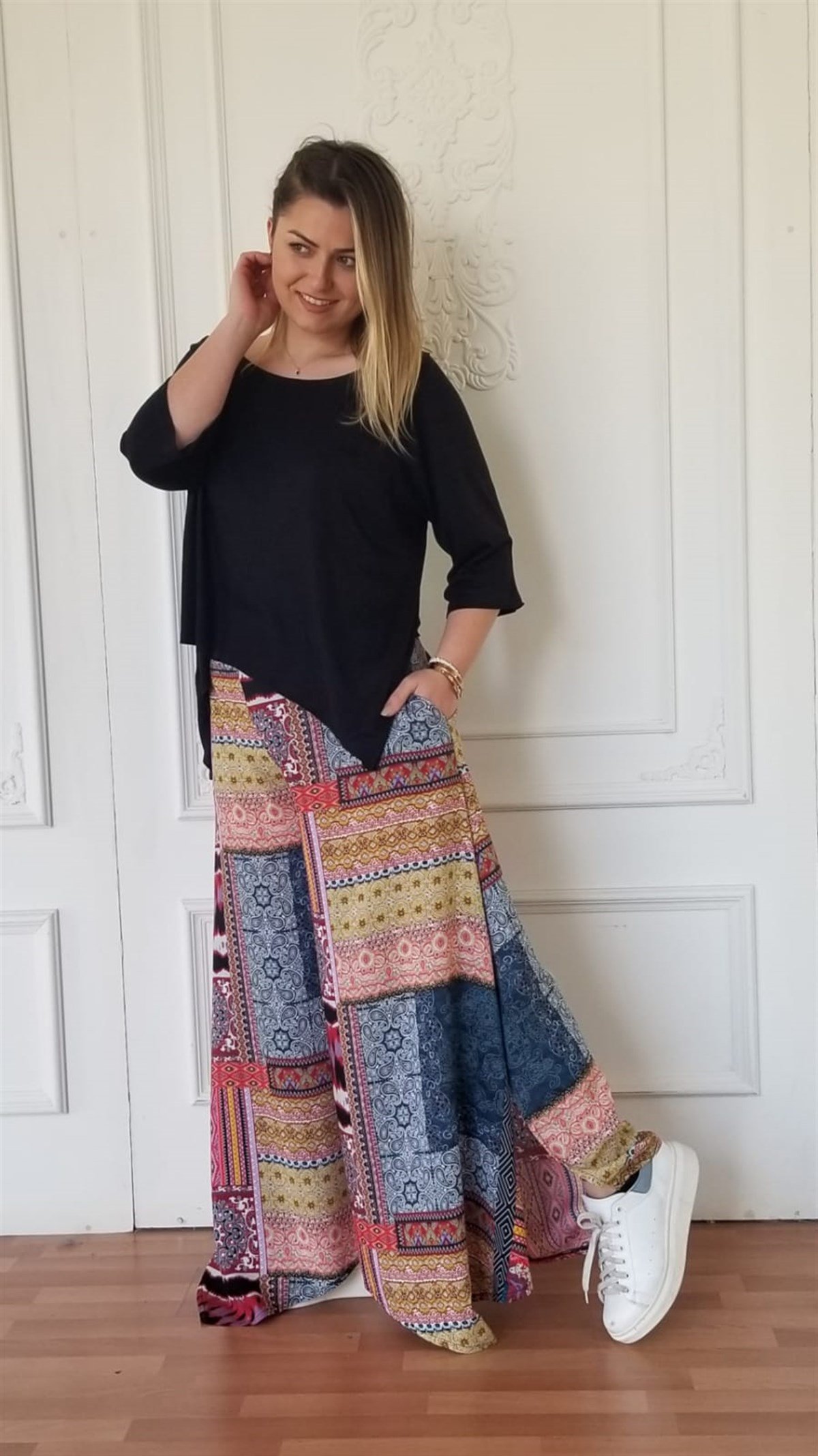 Patchwork Yanı Yırtmaçlı Pantolon