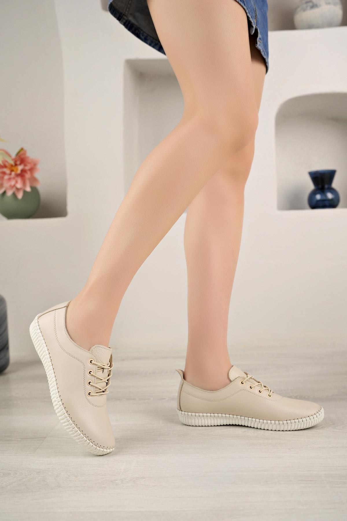 Bordolli 004 Bej Hakiki Deri Dikişli Kadın Ayakkabı