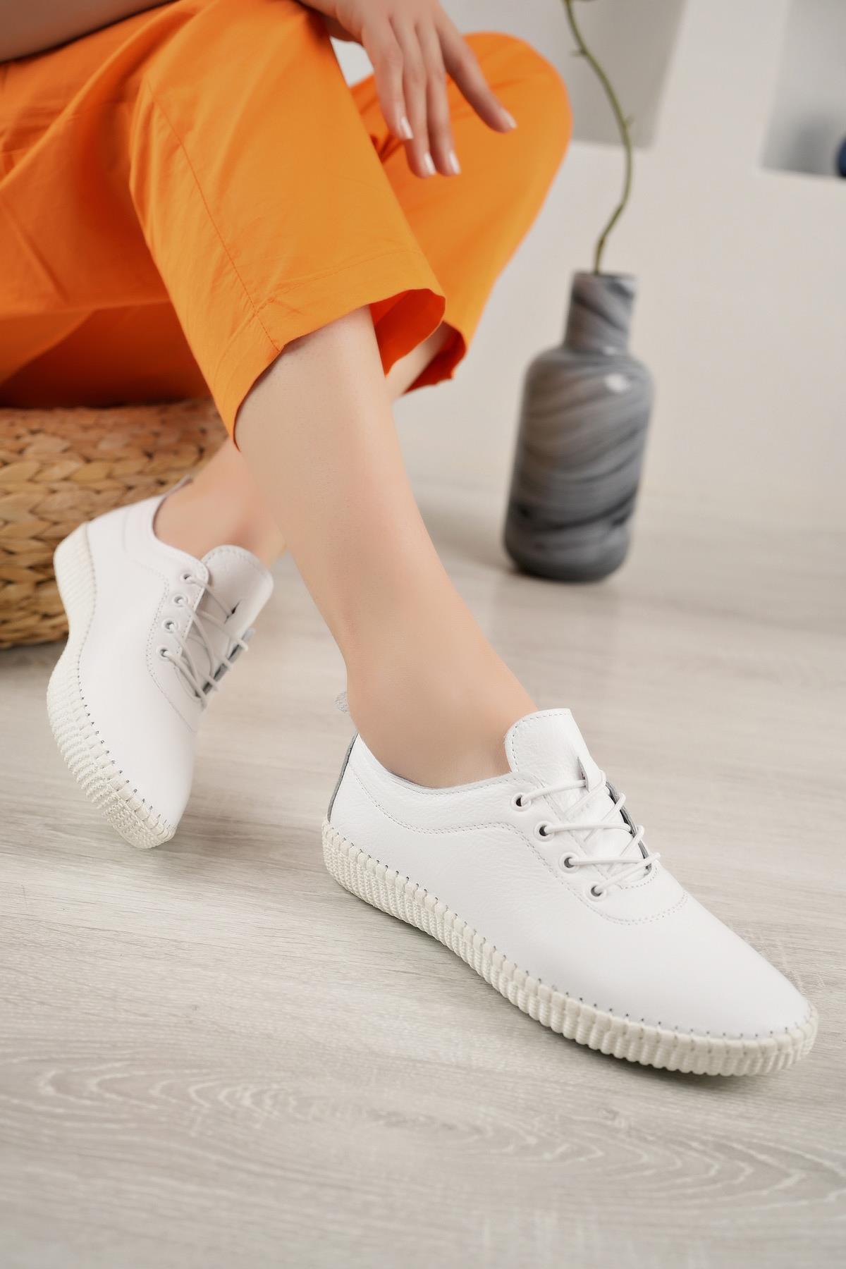 Bordolli 004 Beyaz Hakiki Deri Dikişli Kadın Ayakkabı