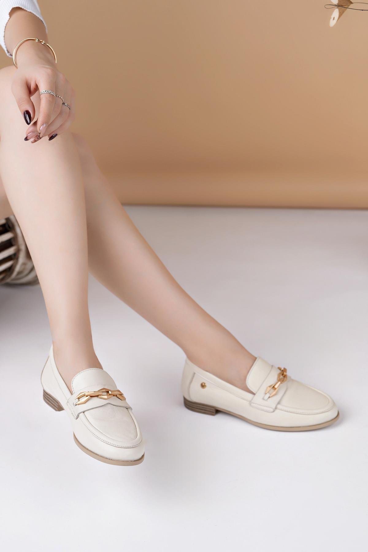 Mammamia D25YA 3315 Krem Hakiki Deri Maskulen Kadın Ayakkabı