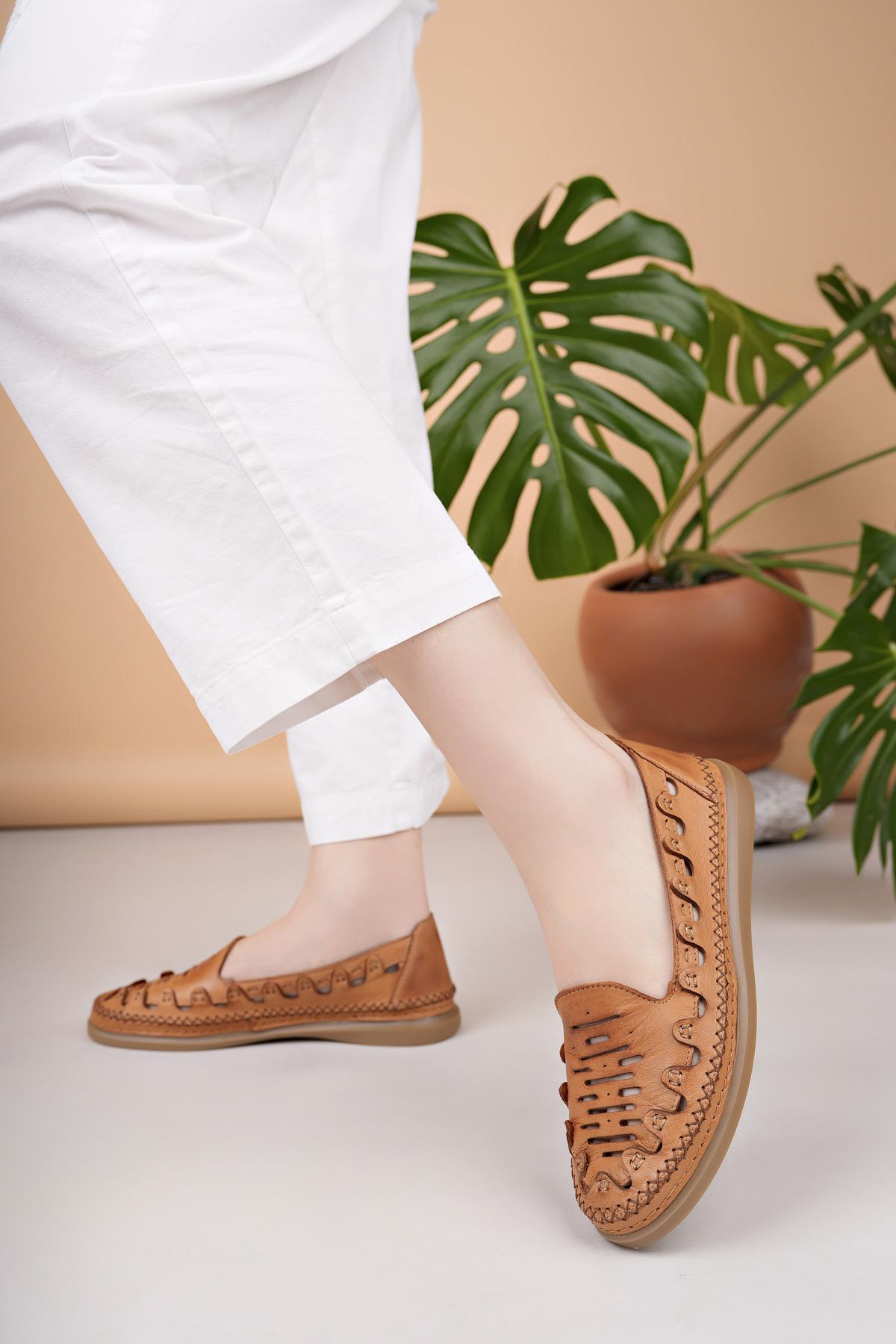 Mammamia D25YA 345 Taba Hakiki Deri Delikli Kadın Ayakkabı