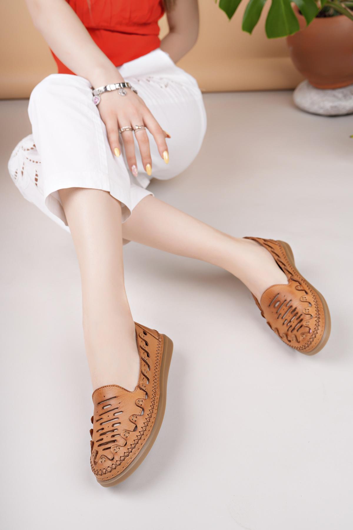 Mammamia D25YA 345 Taba Hakiki Deri Delikli Kadın Ayakkabı