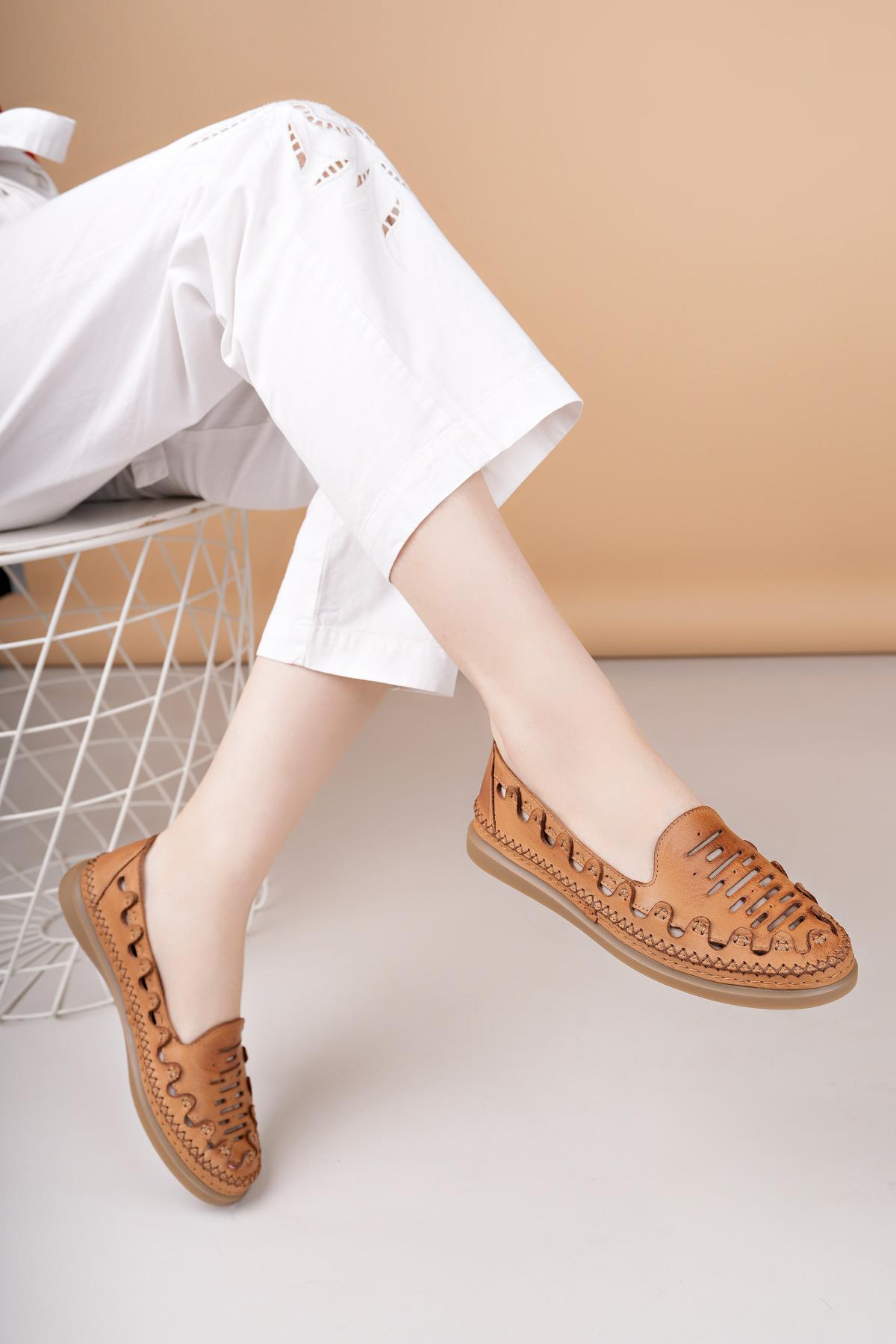 Mammamia D25YA 345 Taba Hakiki Deri Delikli Kadın Ayakkabı