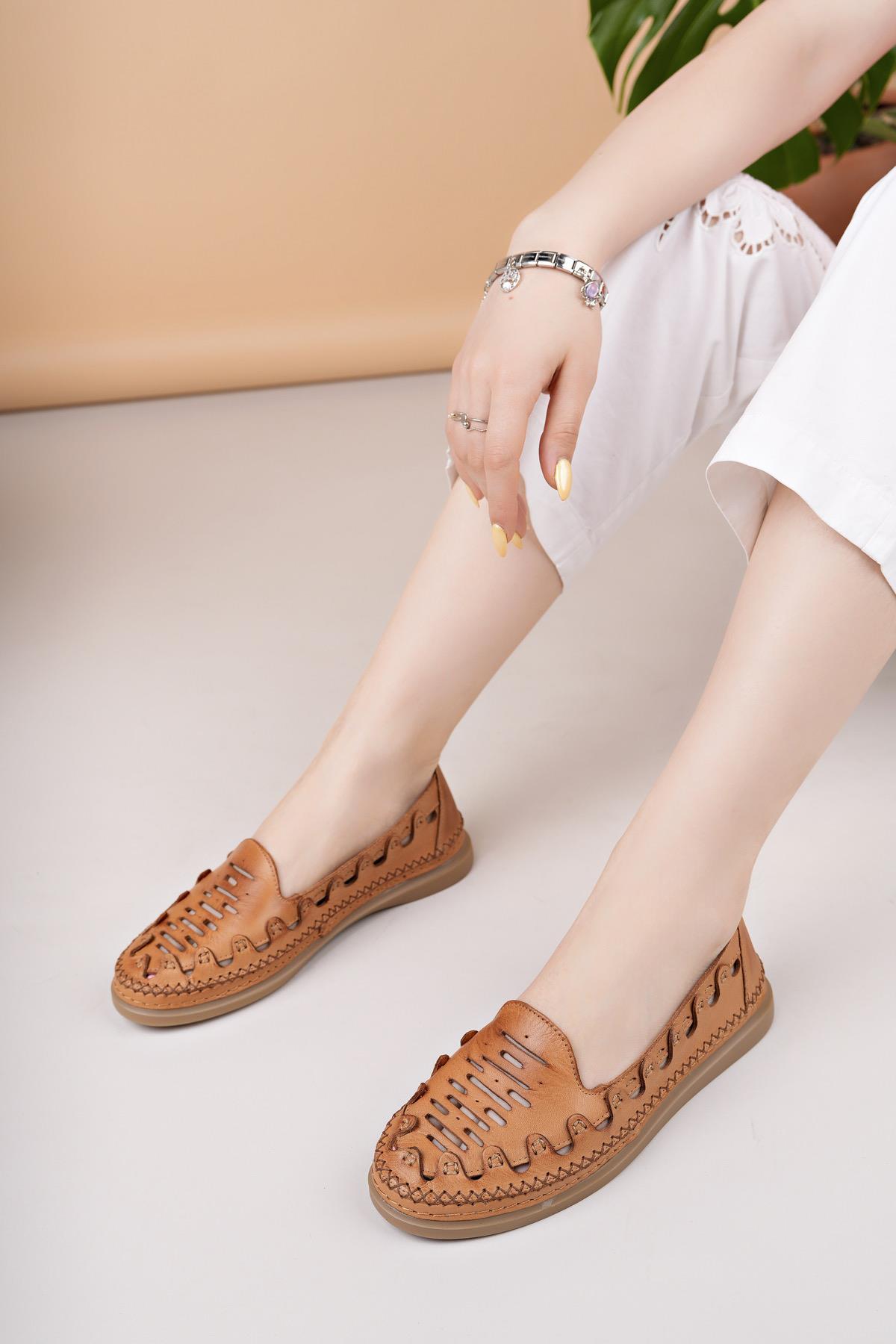 Mammamia D25YA 345 Taba Hakiki Deri Delikli Kadın Ayakkabı