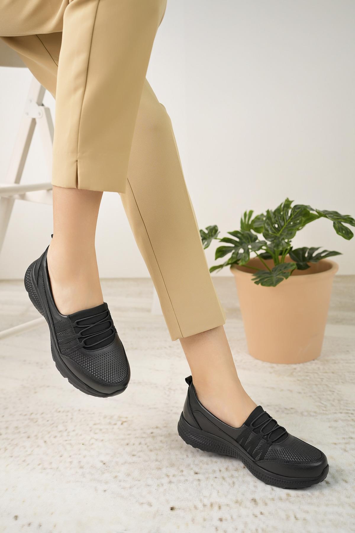 Mariotto 017 Siyah Hakiki Deri Anatomik Kadın Şeker Ayakkabısı