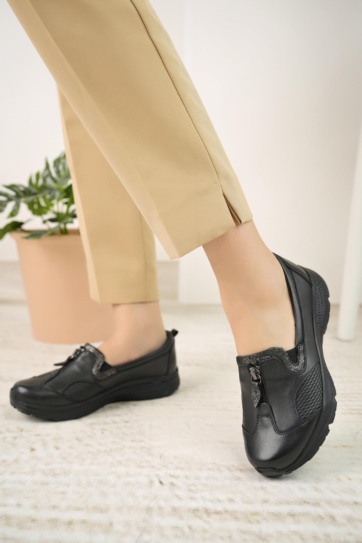 Mariotto 024 Siyah Hakiki Deri Anatomik Kadın Şeker Ayakkabısı