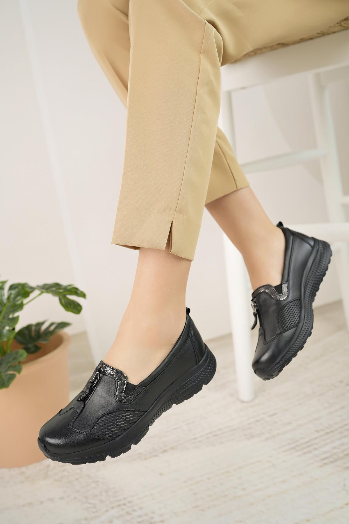 Mariotto 024 Siyah Hakiki Deri Anatomik Kadın Şeker Ayakkabısı