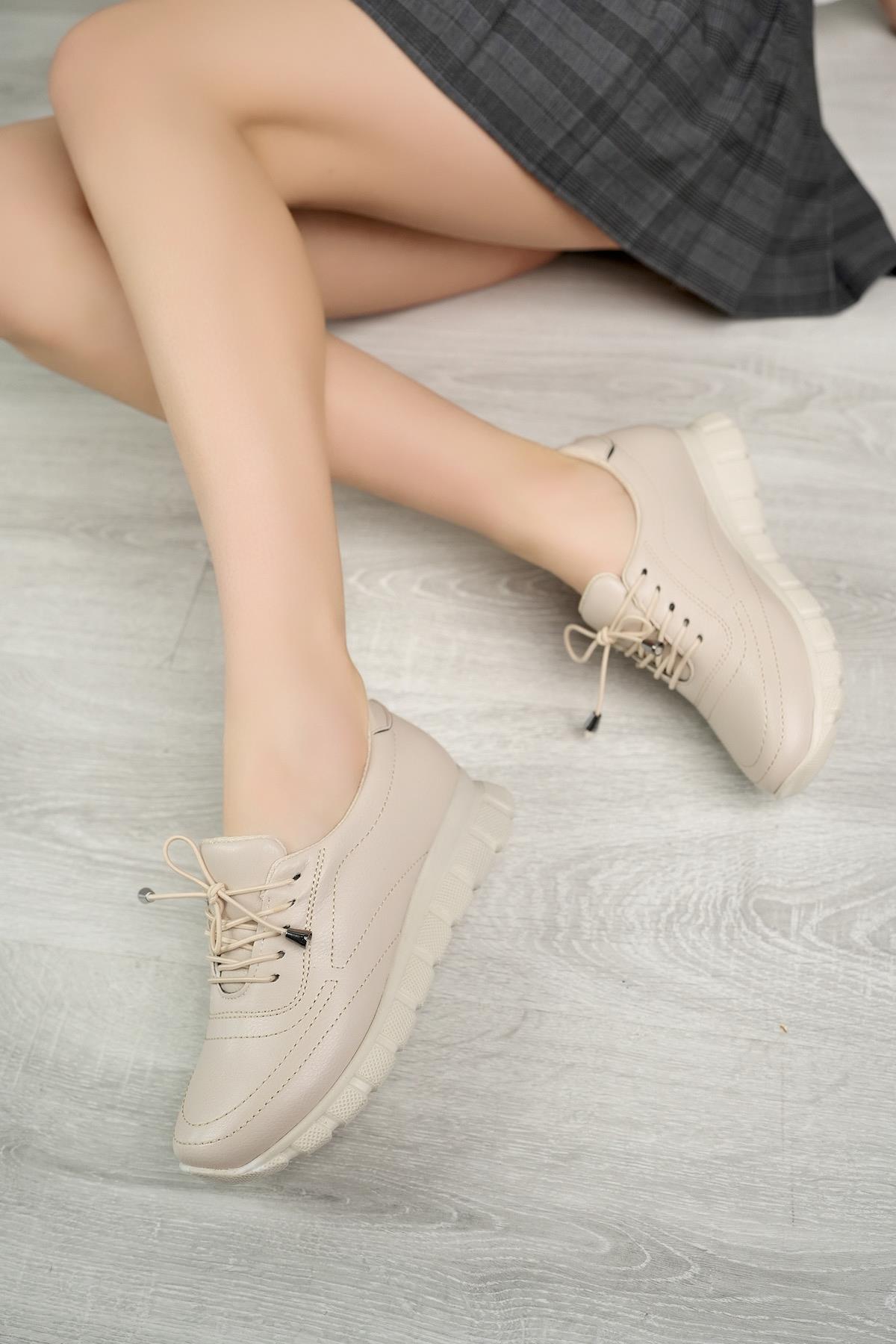 Nesil Shoes Acr 40 Krem Lastik Bağlı Kadın Ayakkabı