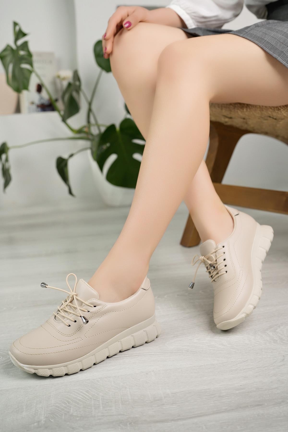 Nesil Shoes Acr 40 Krem Lastik Bağlı Kadın Ayakkabı