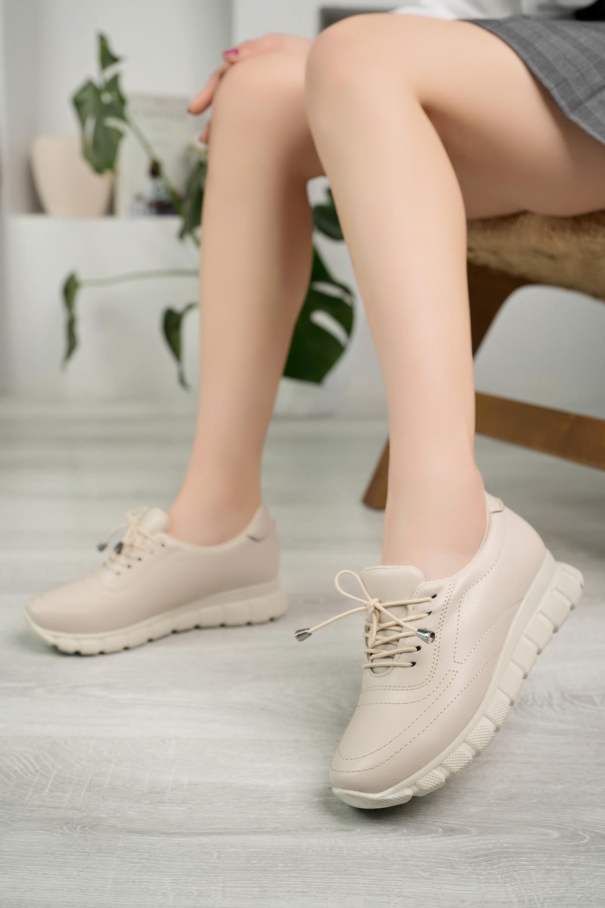 Nesil Shoes Acr 40 Krem Lastik Bağlı Kadın Ayakkabı