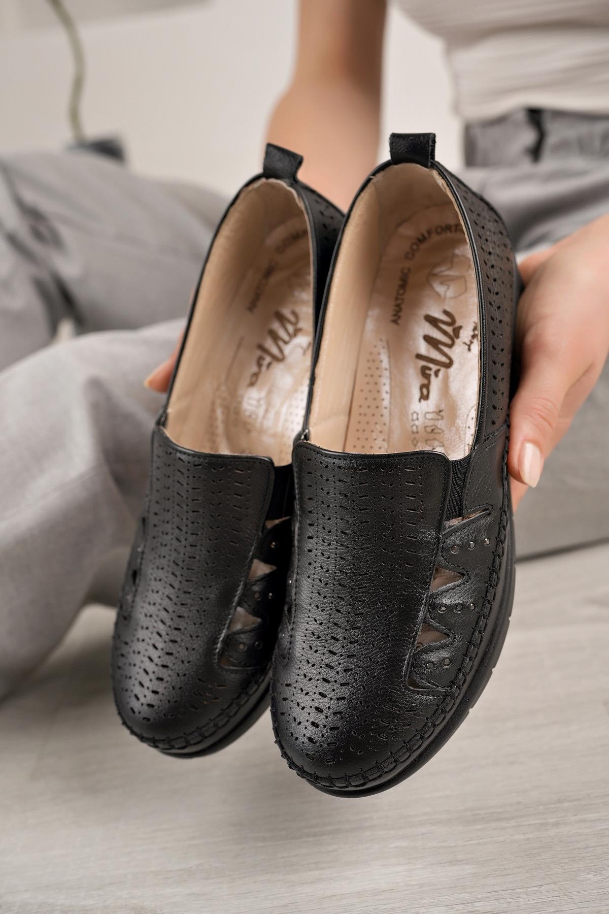 Nesil Shoes Erol 1255 Siyah Hakiki Deri Yazlık Kadın Ayakkabı