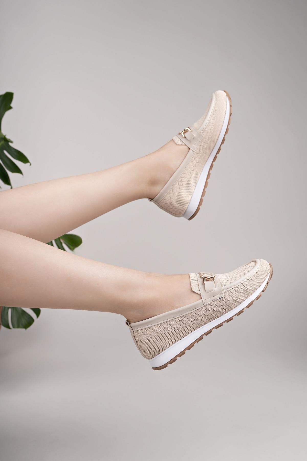 Nesil Shoes Wiss 0272 Bej Triko Örgü Kadın Ayakkabı