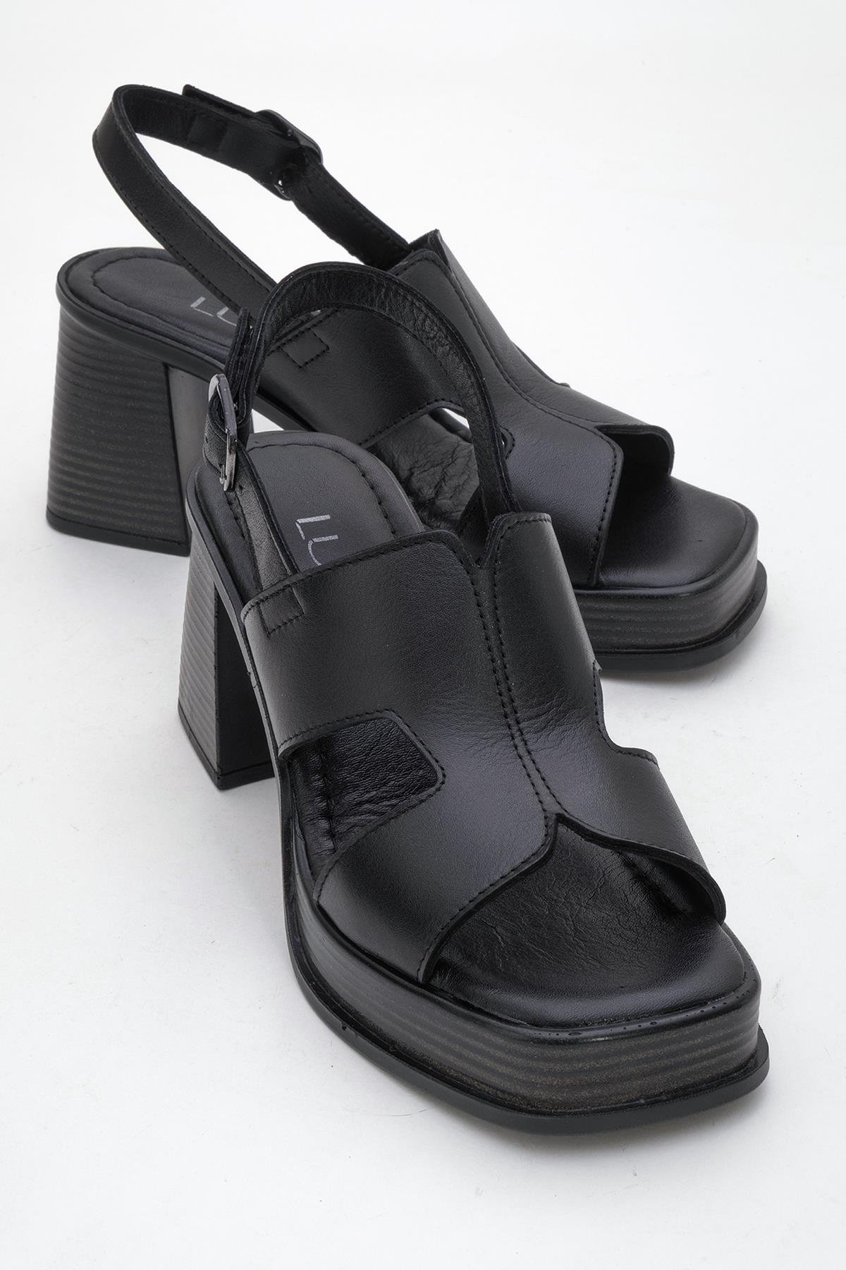 98-D2261-2-SIYAH CILTKEVIN Siyah Cilt Hakiki Deri Kadın Platform Topuklu Sandalet