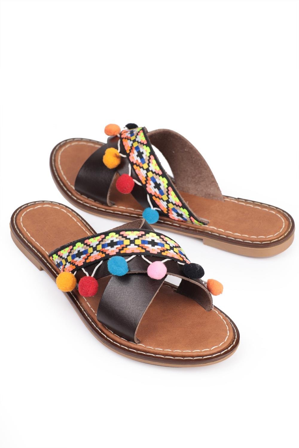 Capone 8084 Genuine Leather Cross Band Women Dark Brown Sandals