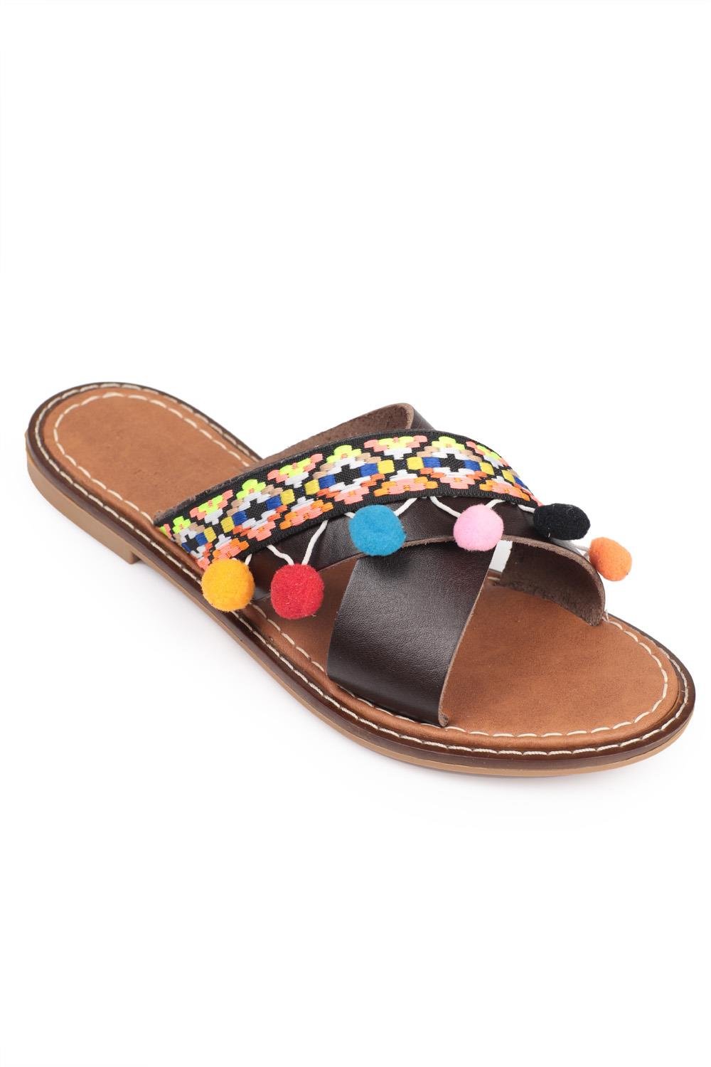 Capone 8084 Genuine Leather Cross Band Women Dark Brown Sandals