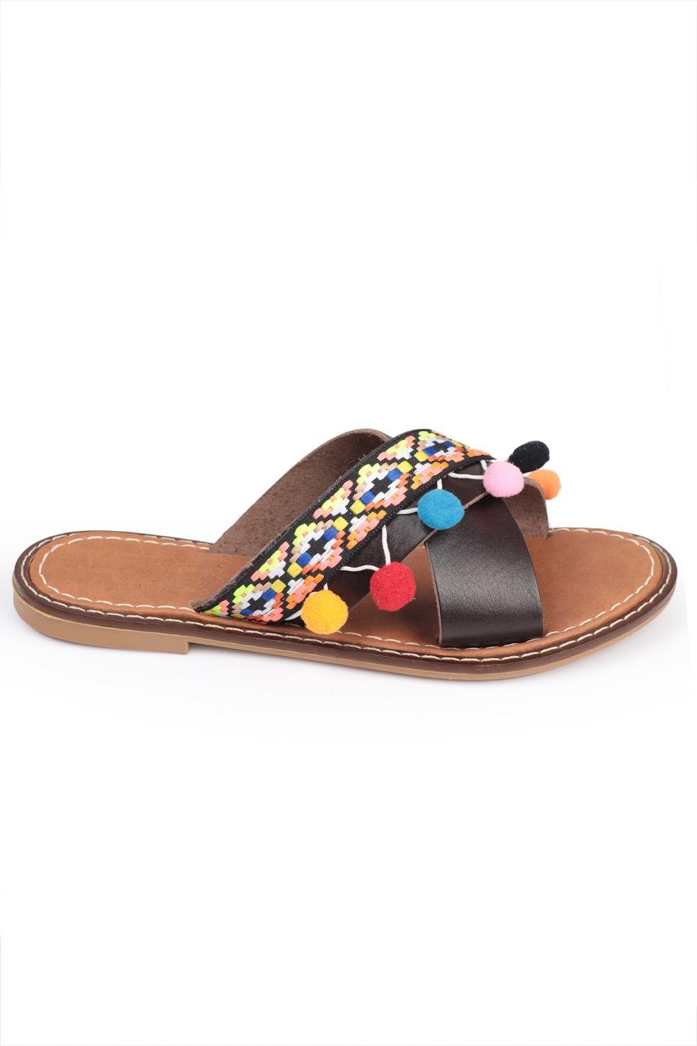Capone 8084 Genuine Leather Cross Band Women Dark Brown Sandals