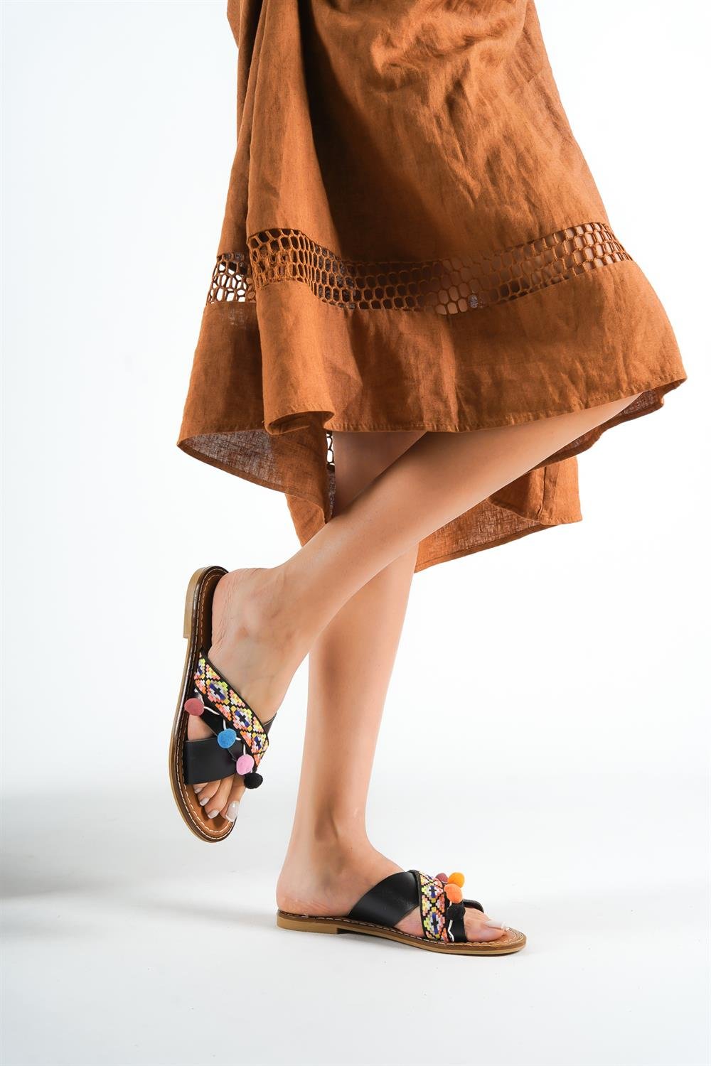 Capone 8084 Genuine Leather Cross Band Women Dark Brown Sandals