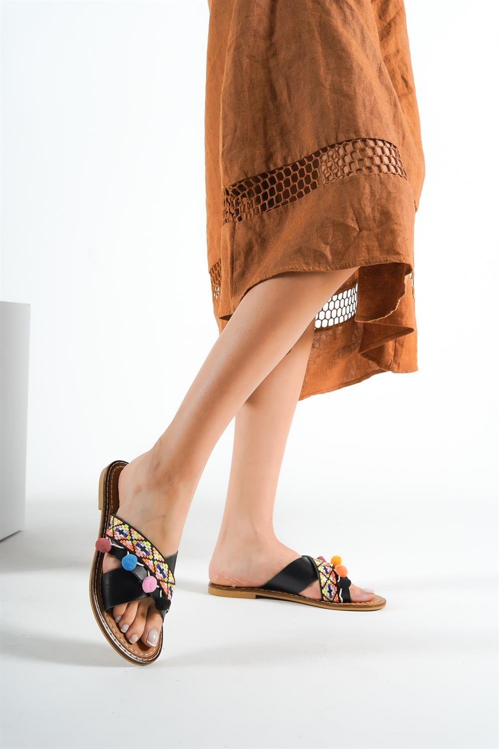 Capone 8084 Genuine Leather Cross Band Women Dark Brown Sandals