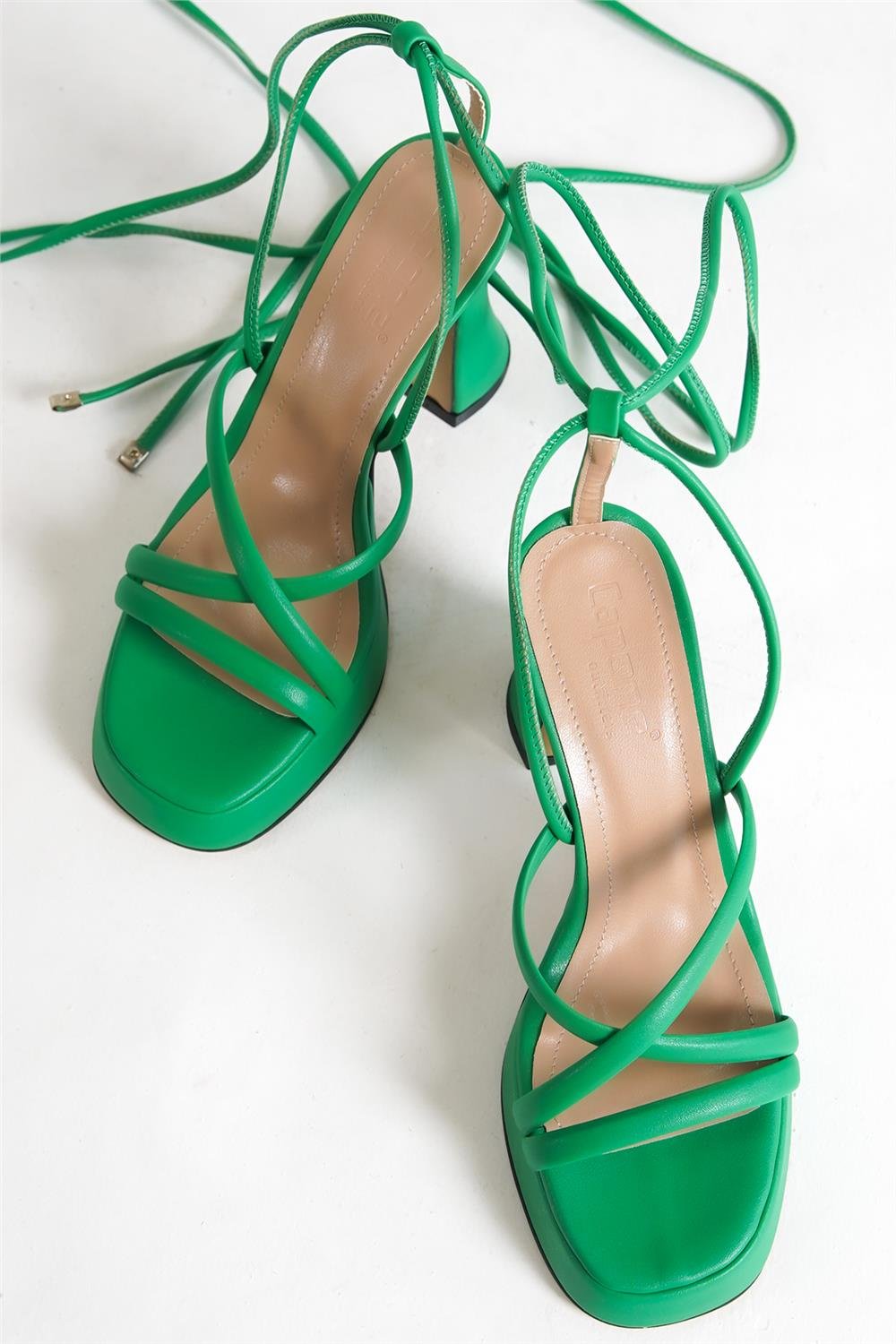 Capone Blunt Toe Ankle Strap Lace Up Hourglass Heel Platform Woman Sandals